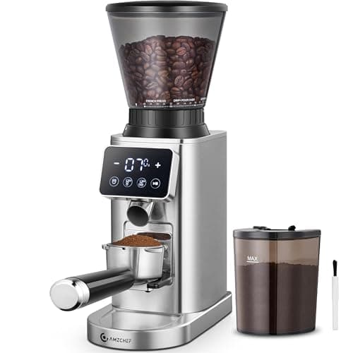 AMZCHEF Burr Coffee Grinder, 48 Settings, Less Static Mess, Metallic Silver