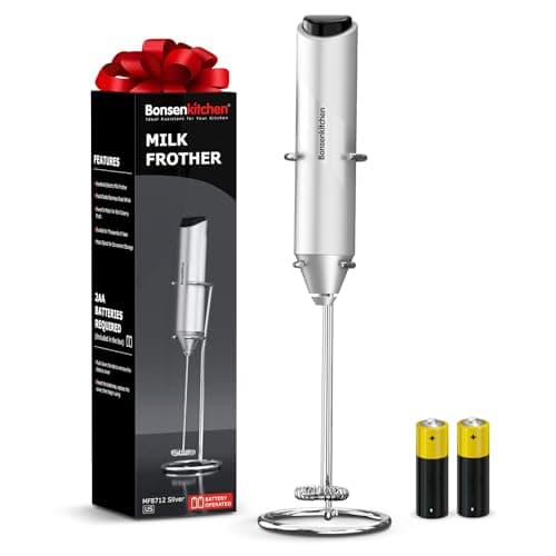 Bonsenkitchen Milk Frother with Stand for Coffee, Battery Operated Frother | Fast Handheld Drink Mixer with Stainless Steel Whisk, Powerful Hand Frother, Creates Rich Foam, Silver