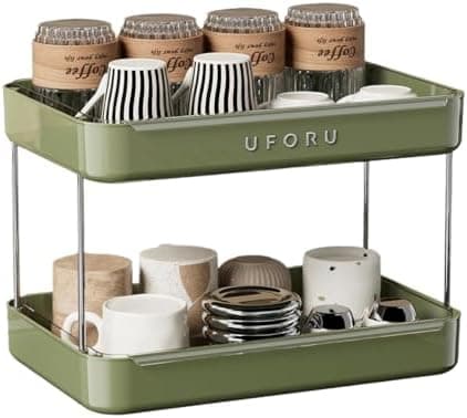 2-Tier Coffee Mug Rack, Kitchen Countertop Organizer with Black Glass Tray