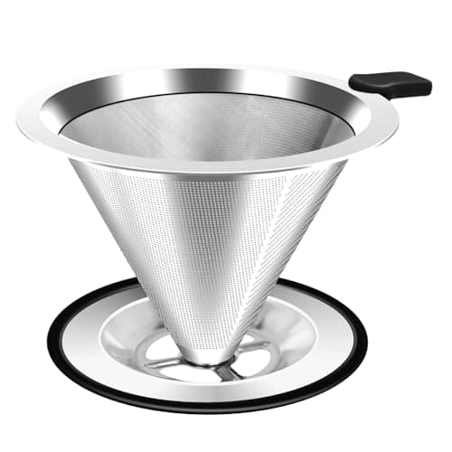 Pour Over Coffee Dripper, Stainless Steel Coffee Filter, Paperless Reusable Coffee Filter, Double Micromesh 600 Mesh Strainer Coffee Maker with Heat-Resistant Silicone Handle & Base (1-2 Cups)