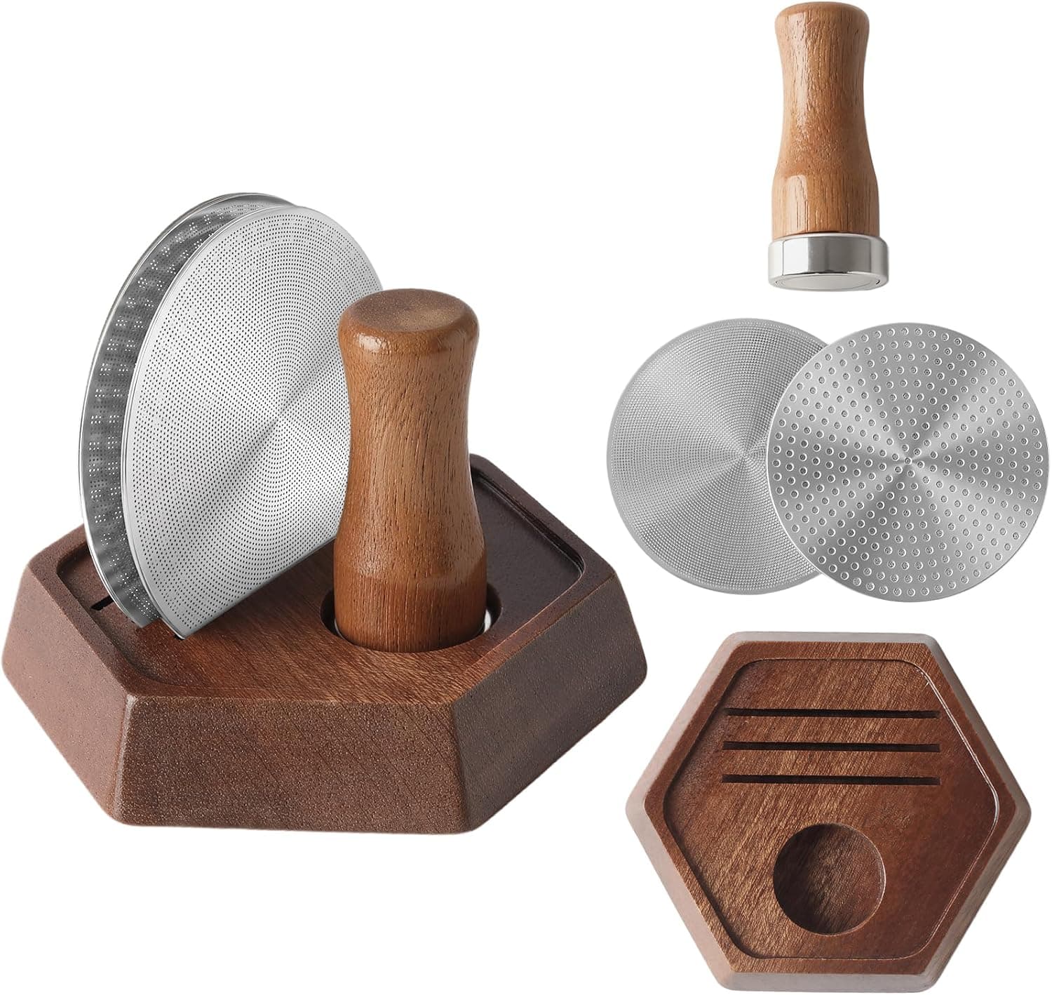 4-Piece 51mm Espresso Puck Screen with Magnetic Wooden Handle & Storage Stand, 0.8mm 304 Stainless Steel