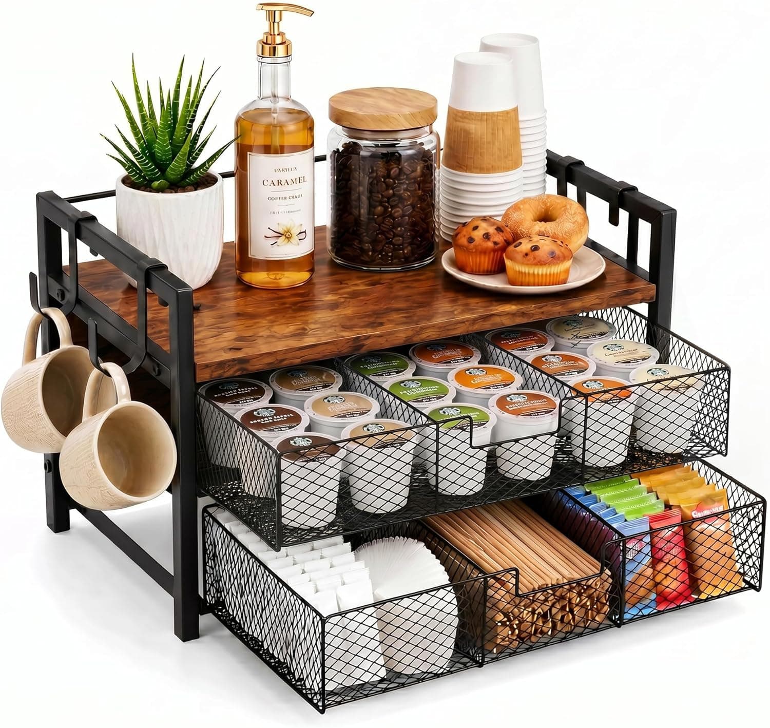 Coffee Station Organizer with 2 Drawers, 4 Side Hooks, Holds 36 K Cups, Rustic Brown