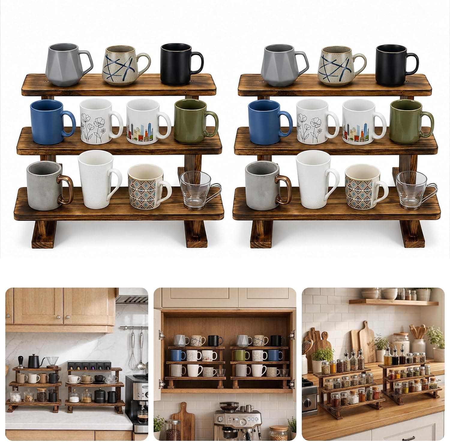 Ajerg 2 Pack 3 Tier Coffee Mug Display Shelf, Wooden Countertop Mug Holder