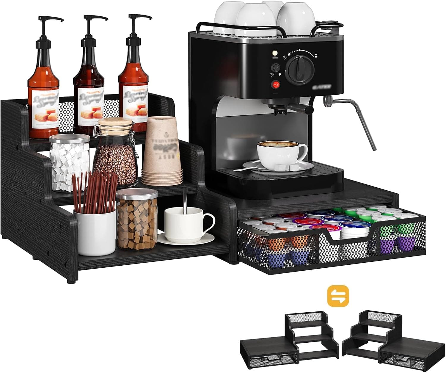 Coffee Station Organizer with K Cup Holder, 28 Pod, 3-Tier Syrup Rack with Pod Drawer, Black