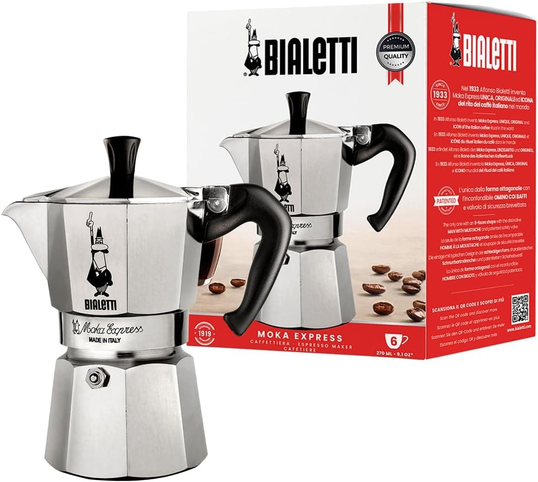 Bialetti Moka Express, Natural Silver, 6 Cups