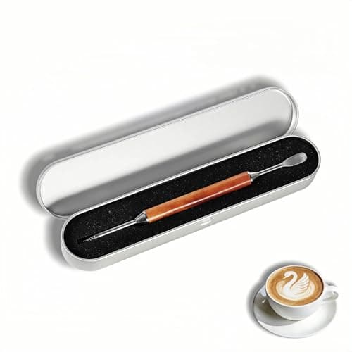 Yayaboqu Latte Art Pen, Dual-Ended Coffee Decorating Tool with Rosewood Handle, Stainless Steel Threaded Tip and Wide Spoon Head, 7.09 Inch, with Tin Storage Box