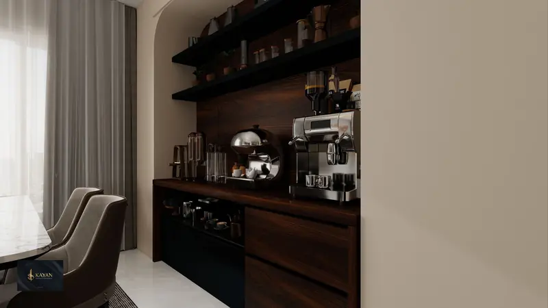 Elegant coffee station setup with espresso machine and decor in modern home